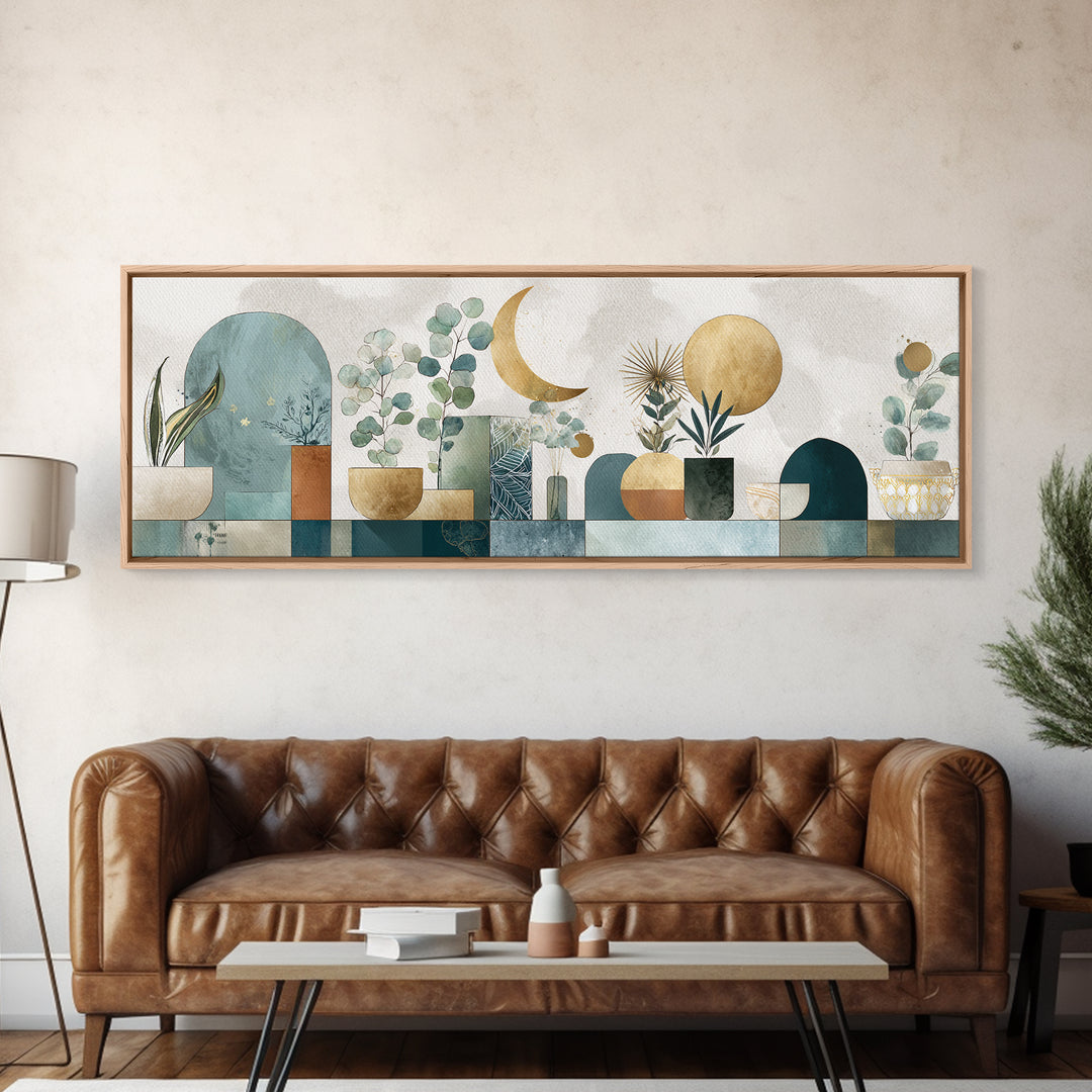Sage Green Eucalyptus and Crescent Moon Framed Canvas Print, Boho Art, Wall Decor, Living Room Decor, Fine Art, Bohemian, BOH-3x1-63