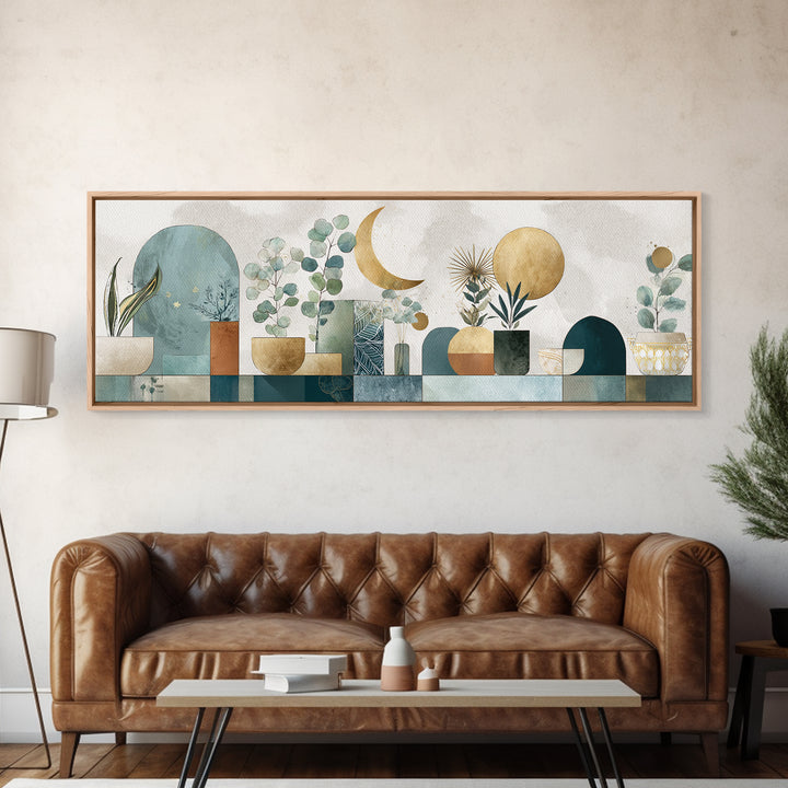 Sage Green Eucalyptus and Crescent Moon Framed Canvas Print, Boho Art, Wall Decor, Living Room Decor, Fine Art, Bohemian, BOH-3x1-63