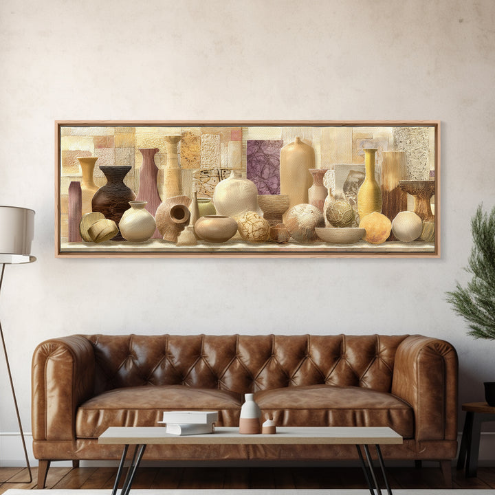 Organic Shape Collage Framed Canvas Print, Boho Art, Textured Painting, Living Room Decor, Abstract Art, Bohemian, BOH-3x1-64
