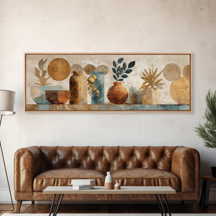 Moon Phases Above Botanical Silhouettes Canvas Print, Boho Art, Wall Art Print, Living Room Decor, Watercolor Art, Bohemian, BOH-3x1-66