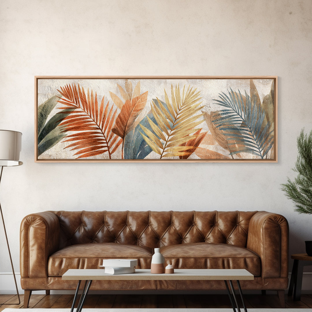 Terracotta Palm Leaves Framed Canvas Print, Boho Art, Room Decor, Living Room Decor, Fine Art, Bohemian, Printable, BOH-3x1-69