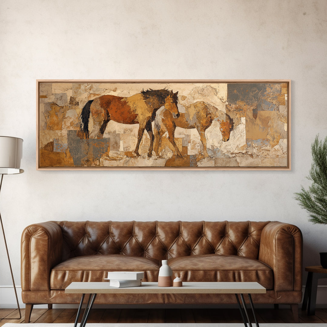 Wild Horse in Dusty Golden Light Framed Canvas Print, Boho Art, Prints, Living Room Decor, Fine Art, Bohemian, Abstract Art, BOH-3x1-72