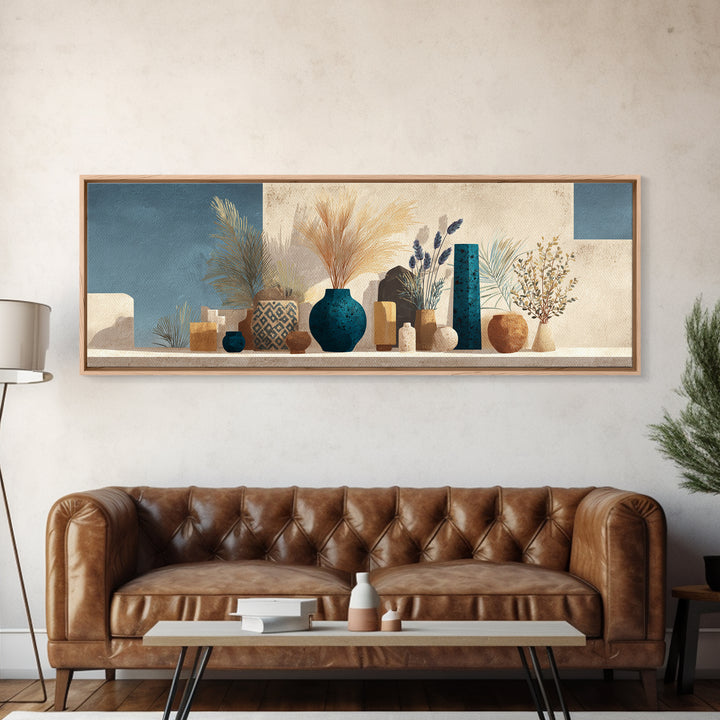 Bohemian Vase with Dried Pampas Grass Framed Canvas Print, Boho Art, Textured Painting, Living Room Decor, Fine Art, Bohemian, BOH-3x1-73