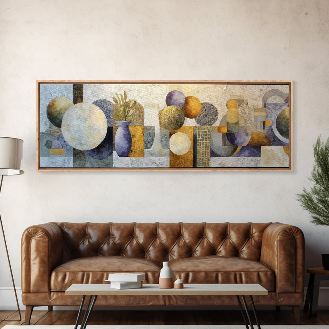 Sun and Moon Celestial Folk Motif Framed Canvas Print, Boho Art, Boho Decor, Living Room Decor, Oil Painting, Bohemian, BOH-3x1-74