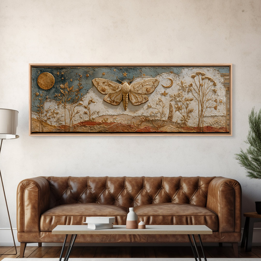Golden Moth with Moon and Stars Framed Canvas Print, Boho Art, Statement Artwork, Living Room Decor, Fine Art, Bohemian, BOH-3x1-81