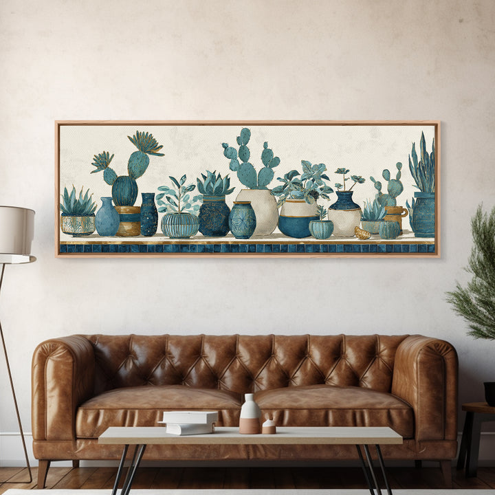 Warm Neutral Cactus Garden Illustration Framed Canvas Print, Boho Art, Boho Wall Art, Living Room Decor, Oil Painting, Bohemian, BOH-3x1-82