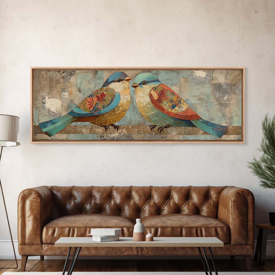 Boho Bird Pair Framed Canvas Print, Boho Art, Digital Art, Living Room Decor, Bohemian, Printable Art, Abstract Wall Art, BOH-3x1-84