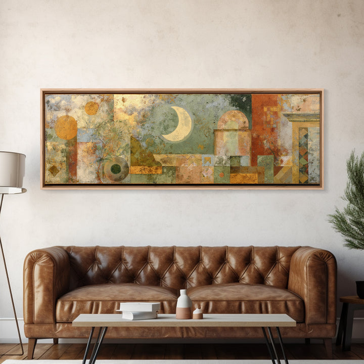Sage Green Eucalyptus and Crescent Moon Framed Canvas Print, Boho Art, Wallart, Living Room Decor, Fine Art, Bohemian, BOH-3x1-87