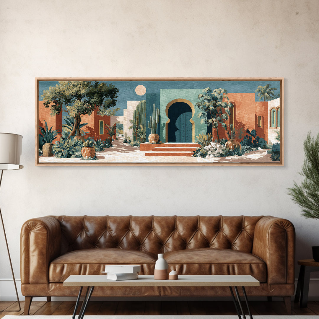 Desert Sun with Cactus and Warm Clay Framed Canvas Print, Boho Art, Wall Art, Living Room Decor, Fine Art, Bohemian, Art Deco, BOH-3x1-89