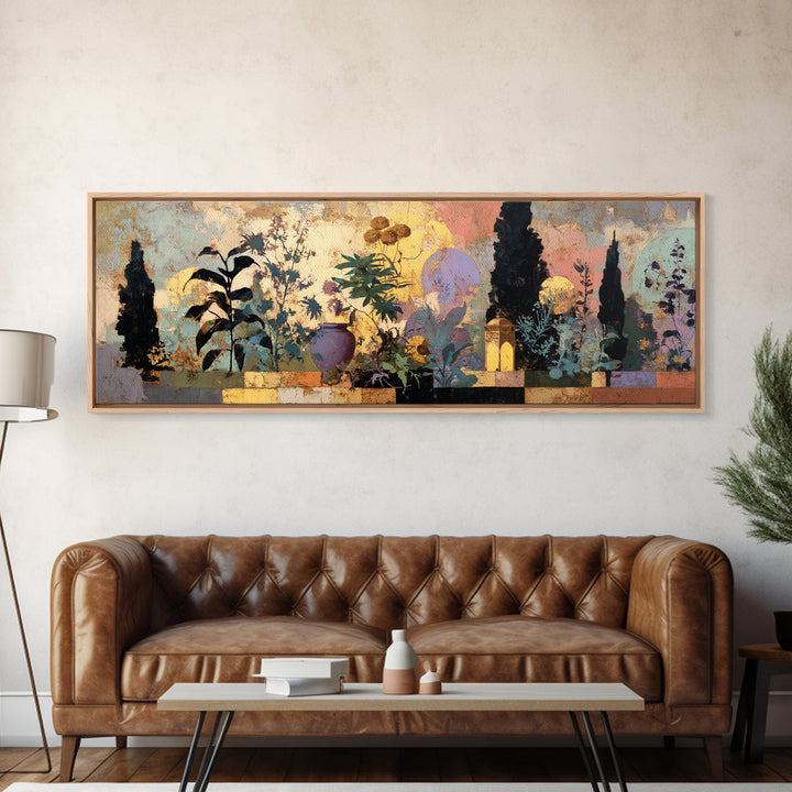 Moon Phases Above Botanical Silhouettes Framed Canvas Print, Boho Art, Wall Art Set, Living Room Decor, Fine Art, Bohemian, BOH-3x1-90