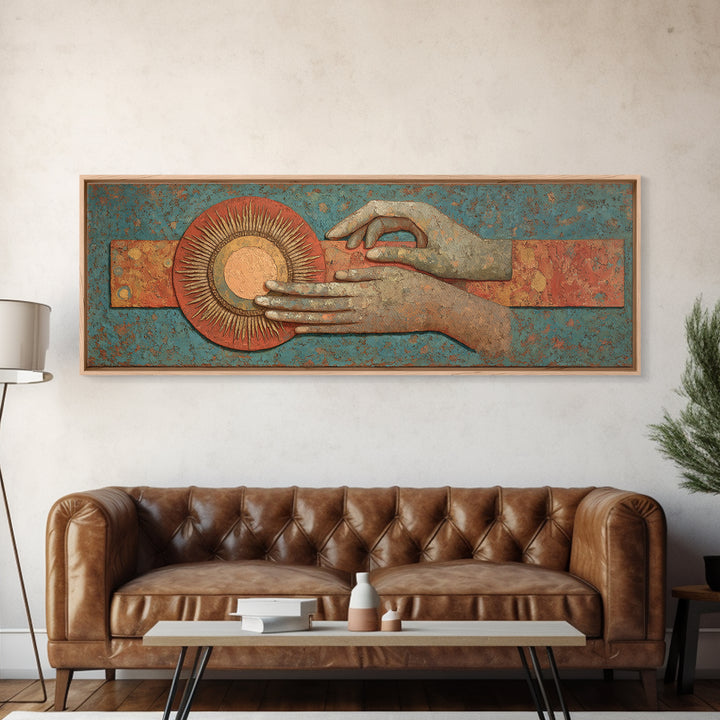 Mystic Hand Holding a Tiny Sun Canvas Print, Boho Art, Set of 3 Prints, Living Room Decor, Watercolor Art, Bohemian, BOH-3x1-94