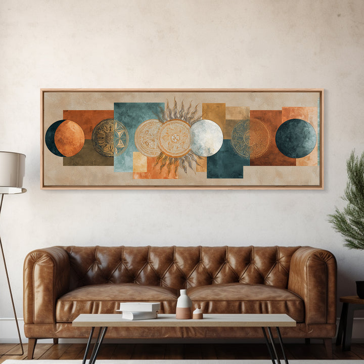 Sun and Moon Celestial Folk Motif Canvas Print, Boho Art, Neutral Decor, Living Room Decor, Fine Art, Bohemian, Wall Decor, BOH-3x1-98
