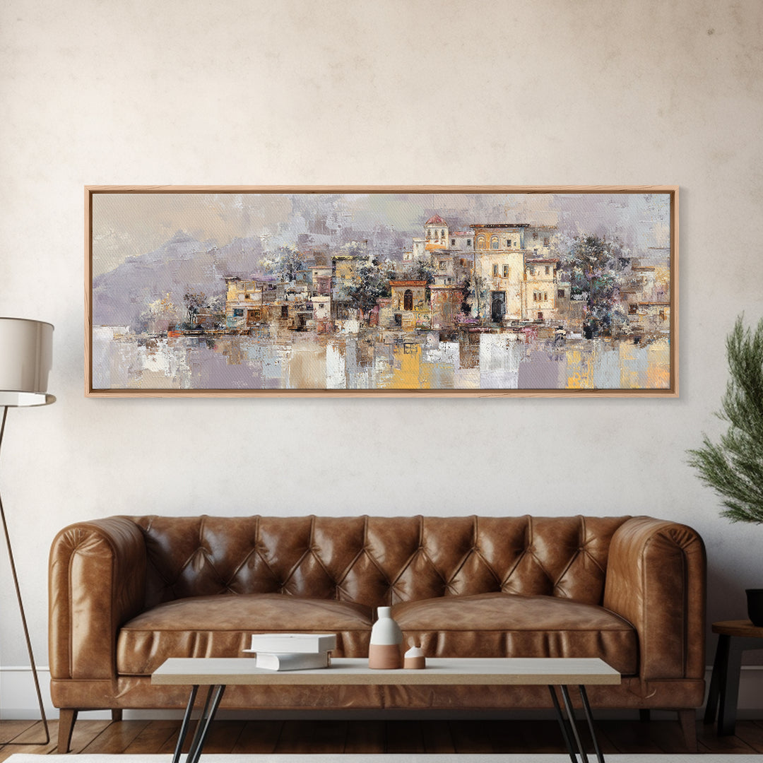 Earth Tone Mountain and River Abstraction Framed Canvas Print, Boho Art, Living Room Decor, Oil Painting, Bohemian, BOH-3x1-99