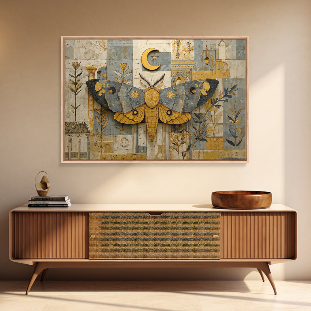 Golden Moth with Moon and Stars Canvas Print, Boho Art, Modern Decor, Living Room Decor, Fine Art, Bohemian, Wall Decor, BOH-3x2-21