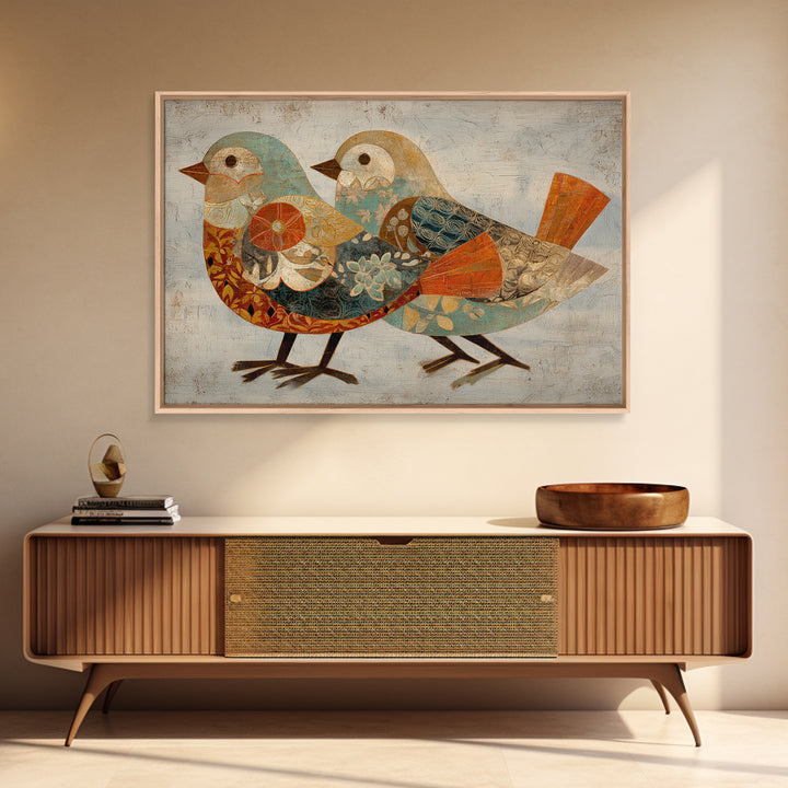 Boho Bird Pair Framed Canvas Print, Boho Art, Statement Artwork, Living Room Decor, Fine Art, Bohemian, Art Prints, Digital Art, BOH-3x2-24