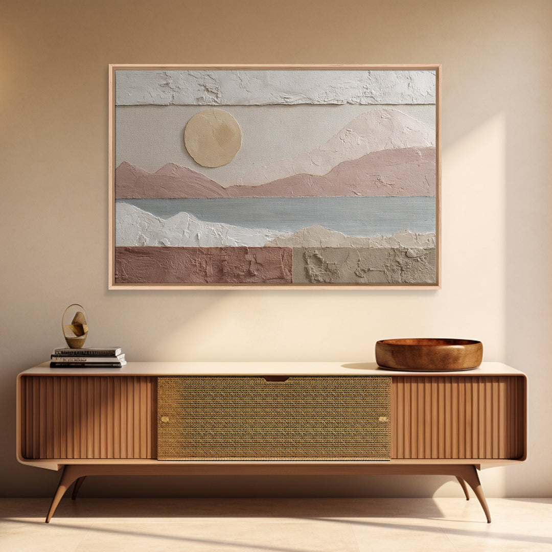 Sunrise over Rolling Dunes in Muted Peach Framed Canvas Print, Boho Art, Fine Art Print, Living Room Decor, Abstract Art, BOH-3x2-25