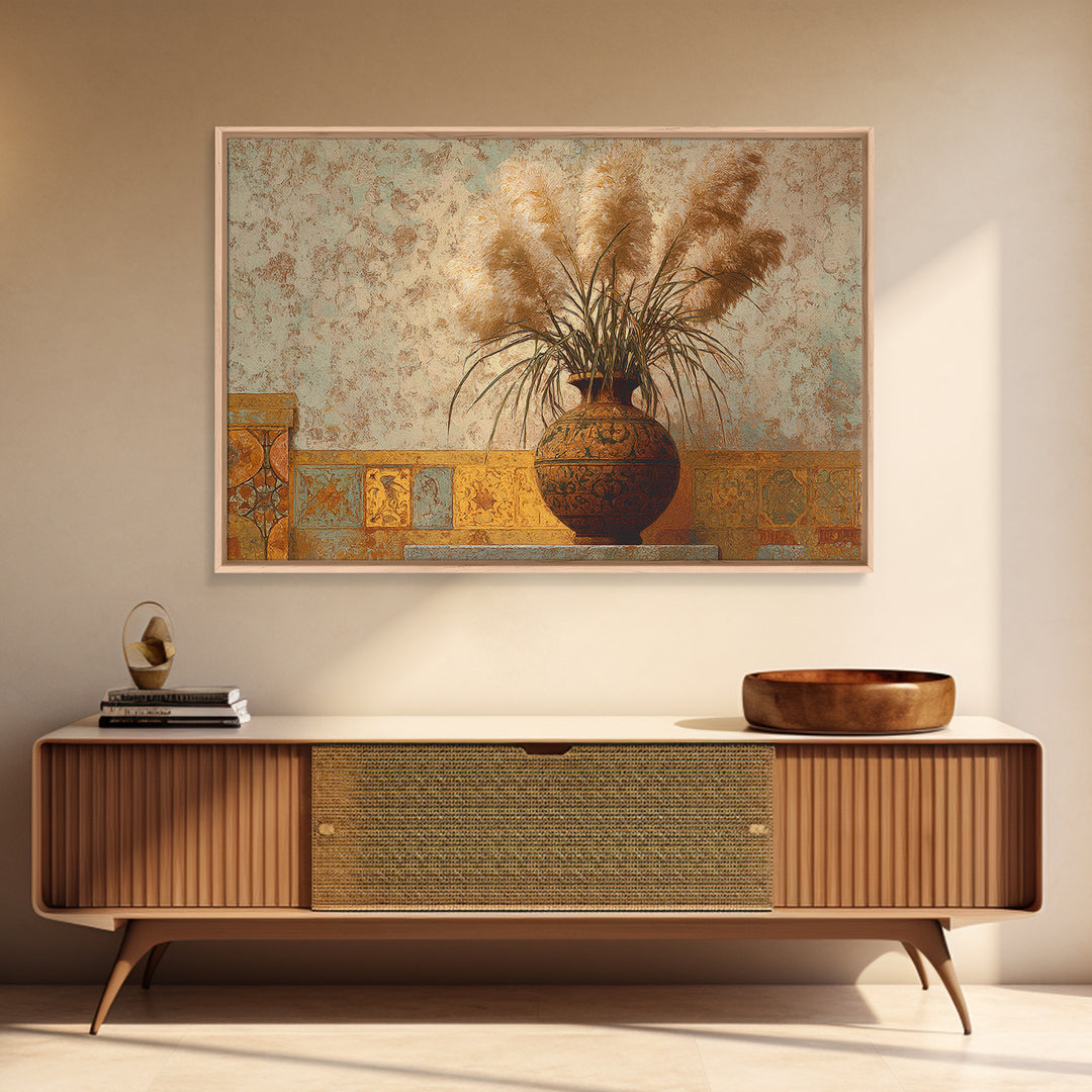 Bohemian Vase with Dried Pampas Grass Canvas Print, Boho Art, Luxury Decor, Living Room Decor, Oil Painting, Bohemian, BOH-3x2-37