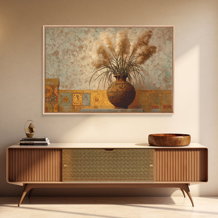 Bohemian Vase with Dried Pampas Grass Canvas Print, Boho Art, Luxury Decor, Living Room Decor, Oil Painting, Bohemian, BOH-3x2-37
