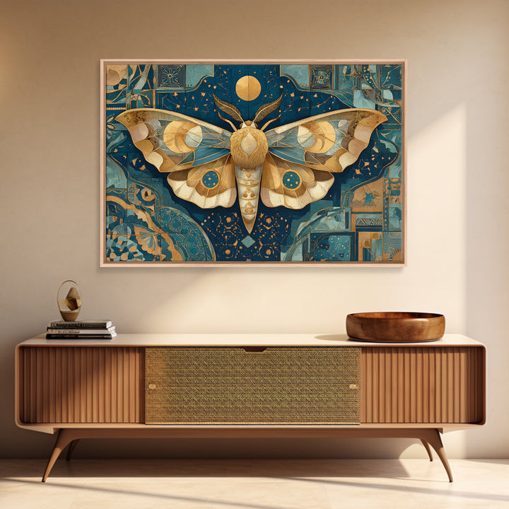 Golden Moth with Moon and Stars Framed Canvas Print, Boho Art, Textured Painting, Living Room Decor, Fine Art, Bohemian, BOH-3x2-45