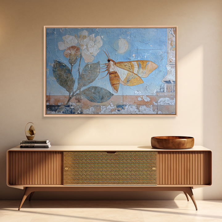 Golden Moth with Moon and Stars Framed Canvas Print, Boho Art, Textured Painting, Living Room Decor, Fine Art, Bohemian, BOH-3x2-69