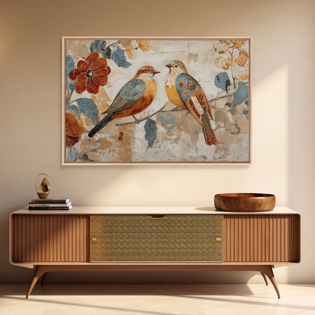 Boho Bird Pair Canvas Print, Boho Art, Mid Century Modern, Living Room Decor, Fine Art, Bohemian, Boho Wall Art, Garden Art, BOH-3x2-72