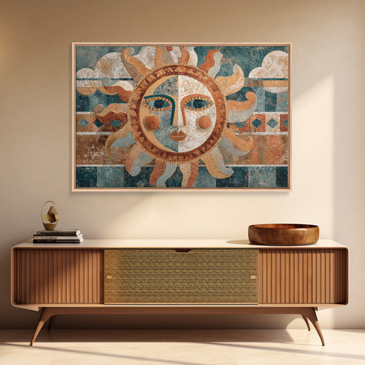 Sun and Moon Celestial Folk Motif Framed Canvas Print, Boho Art, Wall Art Set, Living Room Decor, Fine Art, Bohemian, BOH-3x2-86