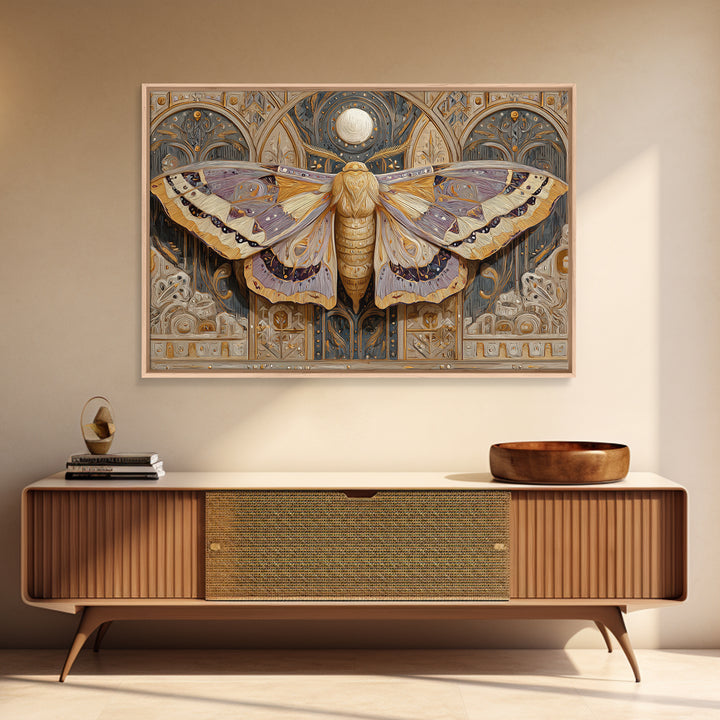 Golden Moth with Moon and Stars Canvas Print, Boho Art, Art, Living Room Decor, Fine Art, Bohemian, Wallart, Art Nouveau, BOH-3x2-93