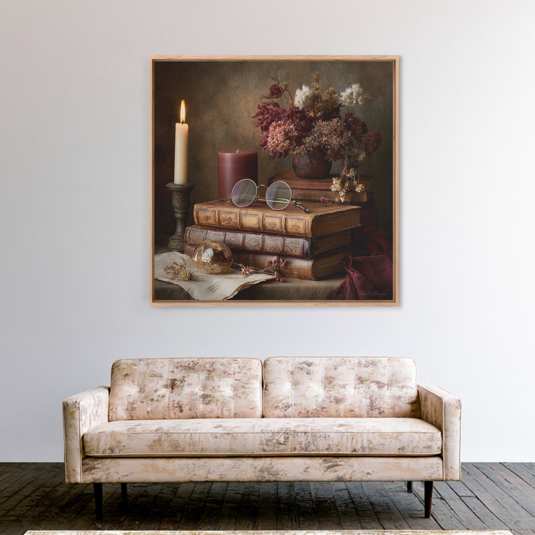 Dark Academia Candle and Book Still Life Canvas Print, Bookstore Art, Feminine Wall Art, Bookstore Decor, Literary, Art Print, BOO-1x1-34