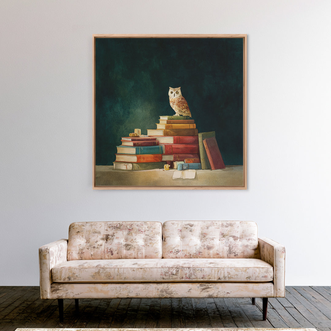 Owl Perched on a Stack of Classics Framed Canvas Print, Bookstore Art, Fine Art Print, Bookstore Decor, Abstract Art, Literary, BOO-1x1-57