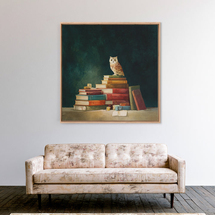Owl Perched on a Stack of Classics Framed Canvas Print, Bookstore Art, Fine Art Print, Bookstore Decor, Abstract Art, Literary, BOO-1x1-57