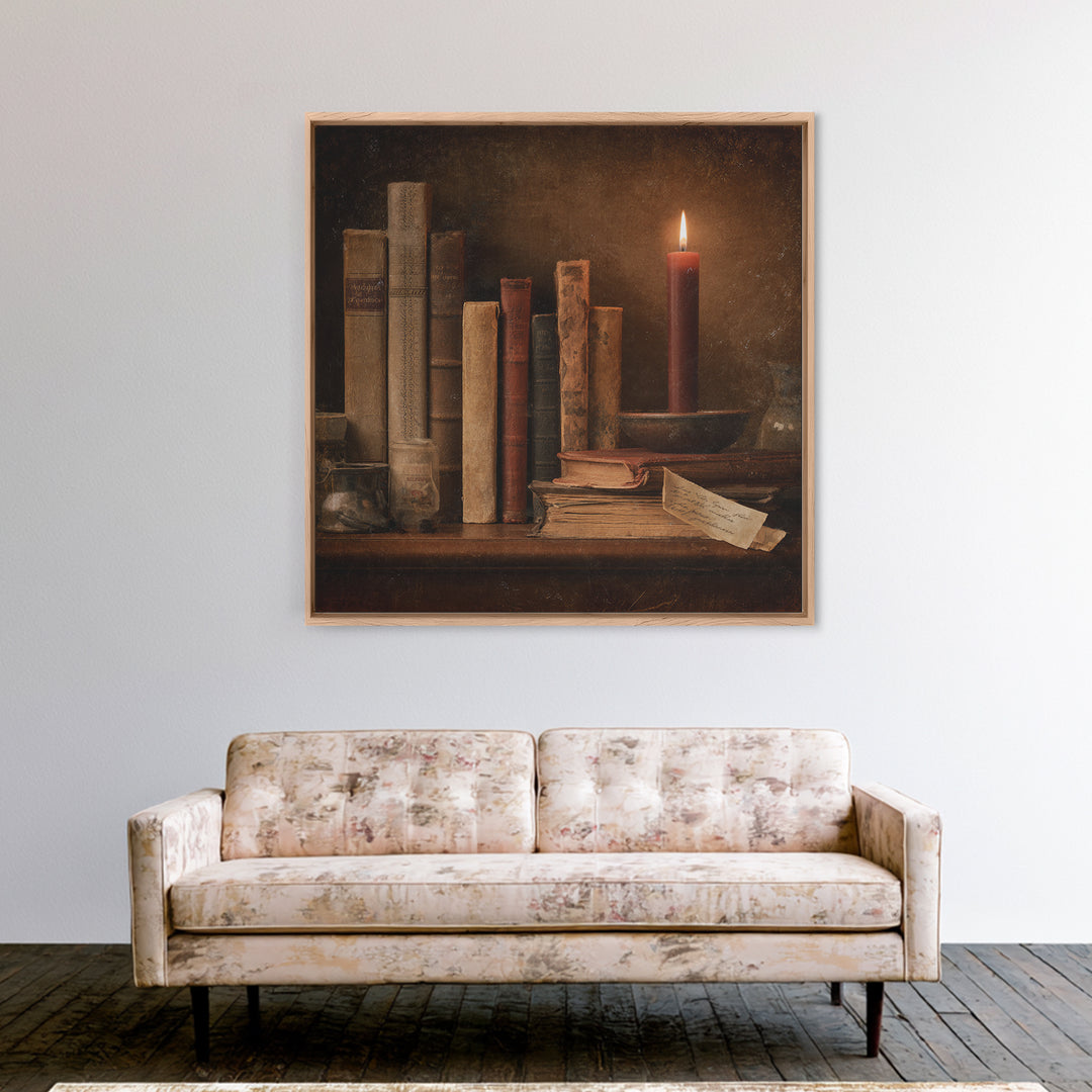 Dark Academia Candle and Book Still Life Canvas Print, Bookstore Art, Feminine Wall Art, Bookstore Decor, Literary, Art Print, BOO-1x1-58