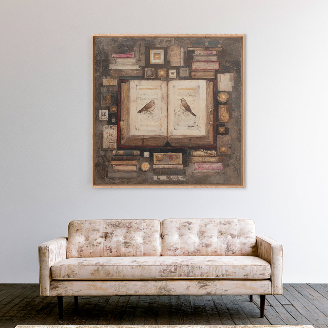 Flying Pages Transforming into Birds Framed Canvas Print, Bookstore Art, Autumn Wall Art, Bookstore Decor, Oil Painting, BOO-1x1-61