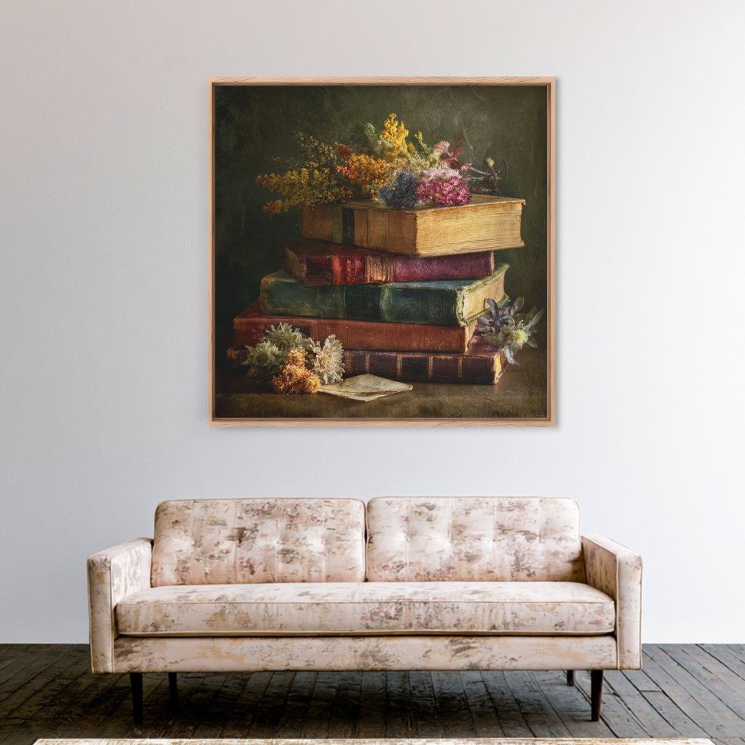 Stack of Antique Books Framed Canvas Print, Bookstore Art, Luxury Decor, Bookstore Decor, Fine Art, Literary, Pink Wall Art, BOO-1x1-73