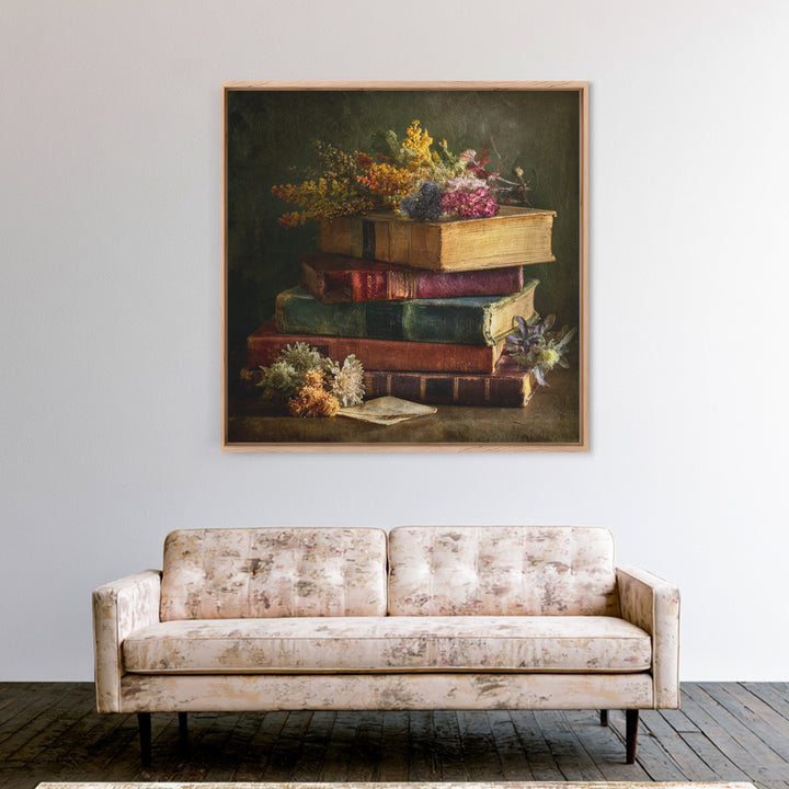 Stack of Antique Books Framed Canvas Print, Bookstore Art, Luxury Decor, Bookstore Decor, Fine Art, Literary, Pink Wall Art, BOO-1x1-73