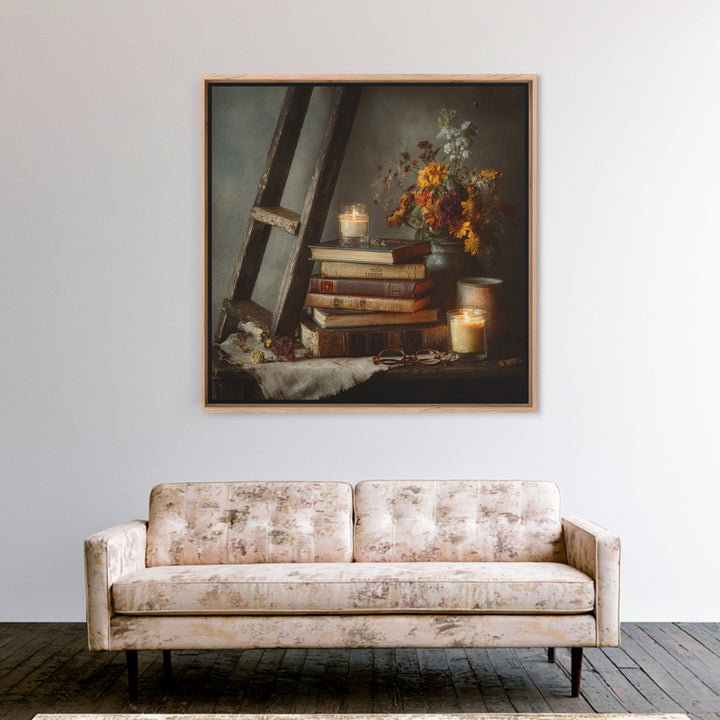 Old Library Ladder and Books Framed Canvas Print, Bookstore Art, Gallery Decor, Bookstore Decor, Fine Art, Literary, BOO-1x1-78