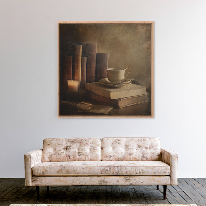 Teacup Beside a Worn Leather Bound Book Framed Canvas Print, Bookstore Art, Neutral Decor, Bookstore Decor, Fine Art, Literary, BOO-1x1-80