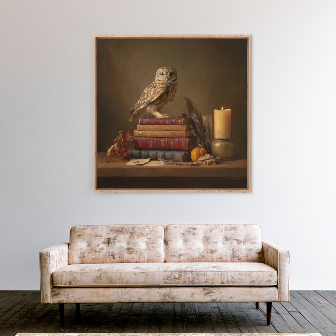 Owl Perched on a Stack of Classics Canvas Print, Bookstore Art, Pastel Wall Art, Bookstore Decor, Fine Art, Literary, BOO-1x1-9