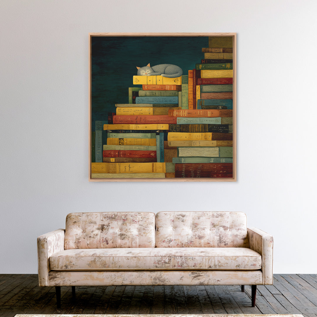 Cat Sleeping on a Pile of Novels Canvas Print, Bookstore Art, Statement Artwork, Bookstore Decor, Fine Art, Literary, BOO-1x1-98