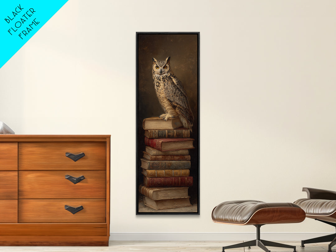 Owl Perched on a Stack of Classics Framed Canvas Print, Bookstore Art, Boho Decor, Bookstore Decor, Oil Painting, Literary, BOO-1x3-69