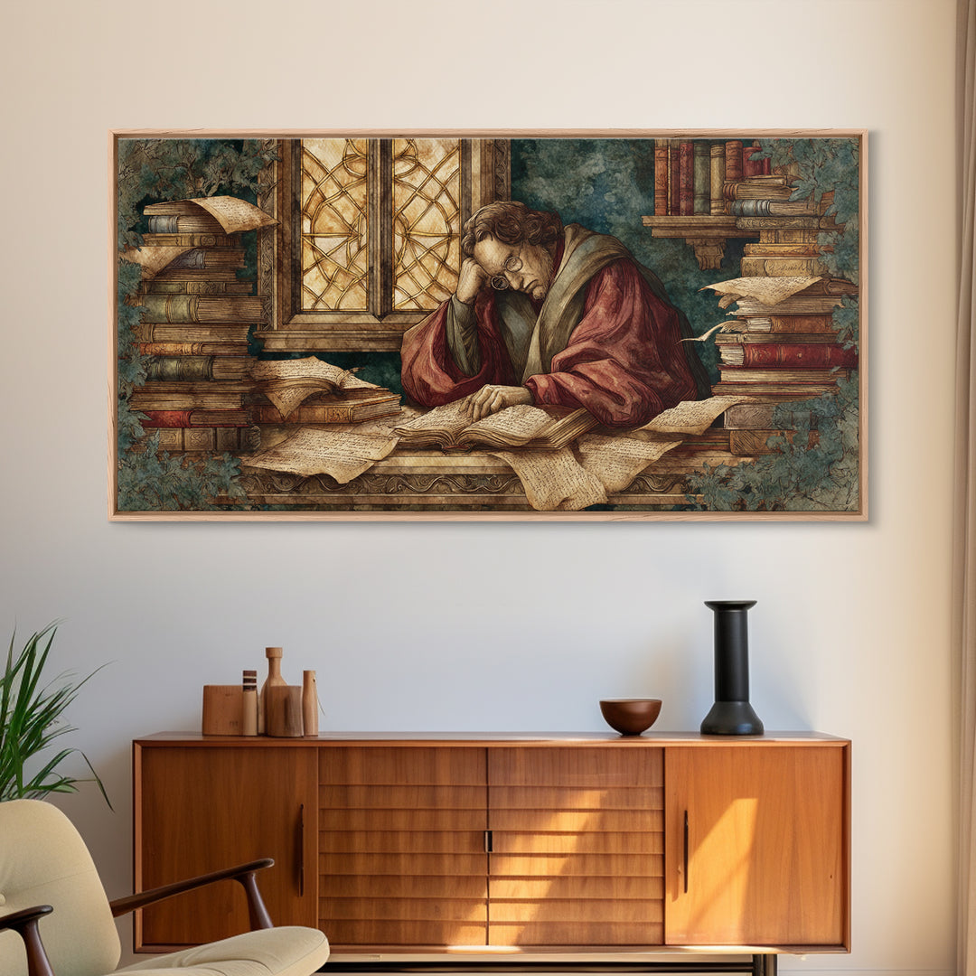 Renaissance Scholar Portrait Framed Canvas Print, Bookstore Art, Feminine Wall Art, Bookstore Decor, Fine Art, Literary, BOO-2x1-19