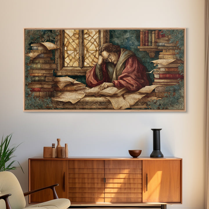 Renaissance Scholar Portrait Framed Canvas Print, Bookstore Art, Feminine Wall Art, Bookstore Decor, Fine Art, Literary, BOO-2x1-19