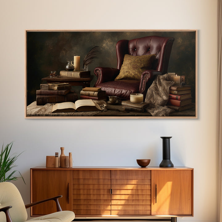 Cozy Reading Chair Still Life Without Room Framed Canvas Print, Bookstore Art, Painting, Bookstore Decor, Fine Art, Literary, BOO-2x1-25