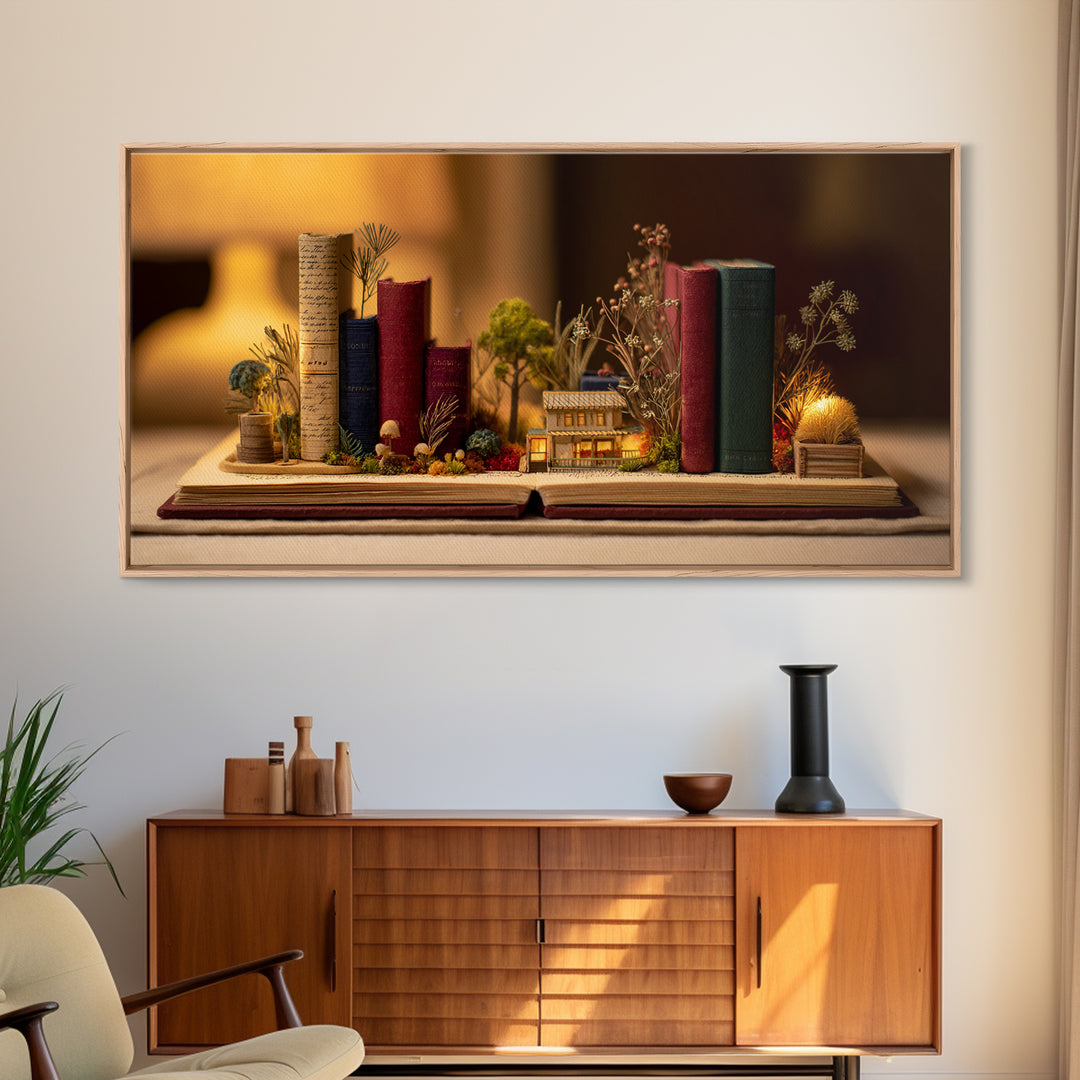 Miniature Garden Growing from an Open Book Canvas Print, Bookstore Art, Textured Painting, Bookstore Decor, Fine Art, Literary, BOO-2x1-66