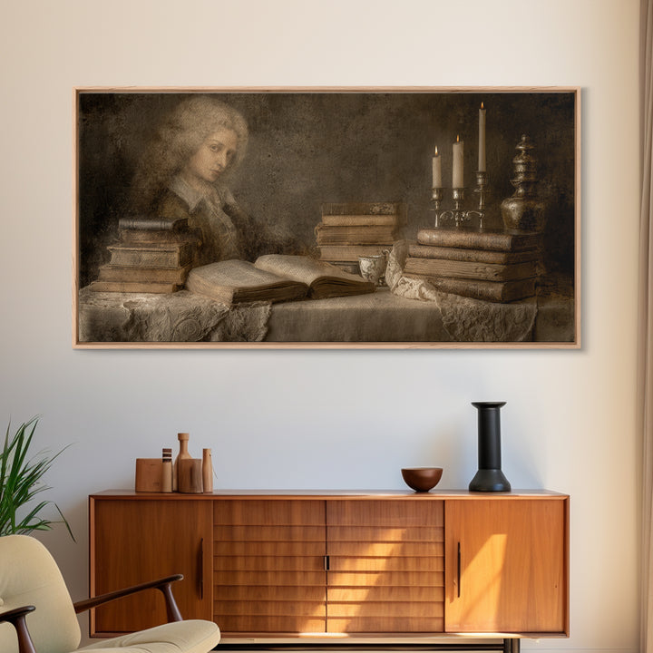 Renaissance Scholar Portrait Framed Canvas Print, Bookstore Art, Reading Poster, Bookstore Decor, Fine Art, Literary, BOO-2x1-67