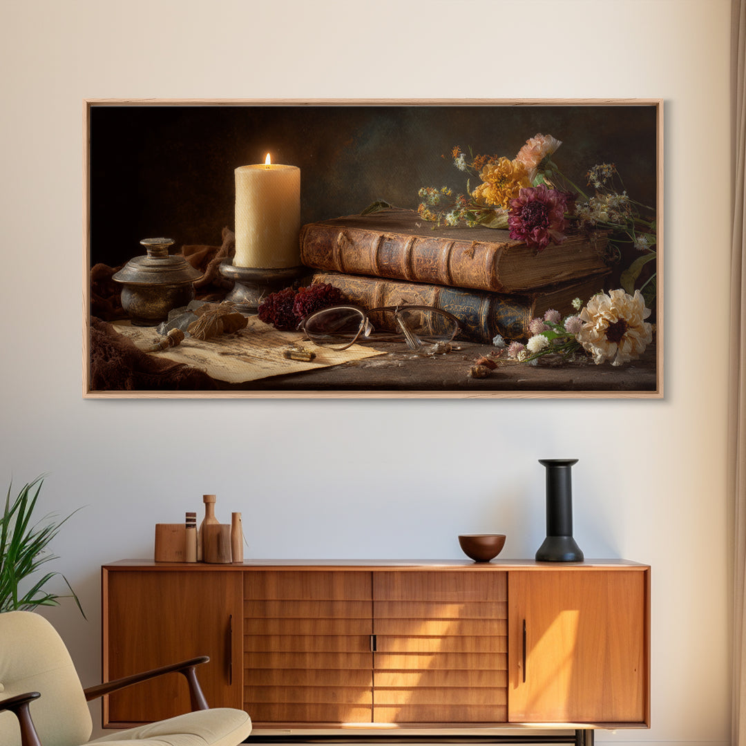 Dark Academia Candle and Book Still Life Canvas Print, Bookstore Art, Contemporary Art, Bookstore Decor, Fine Art, Literary, BOO-2x1-78