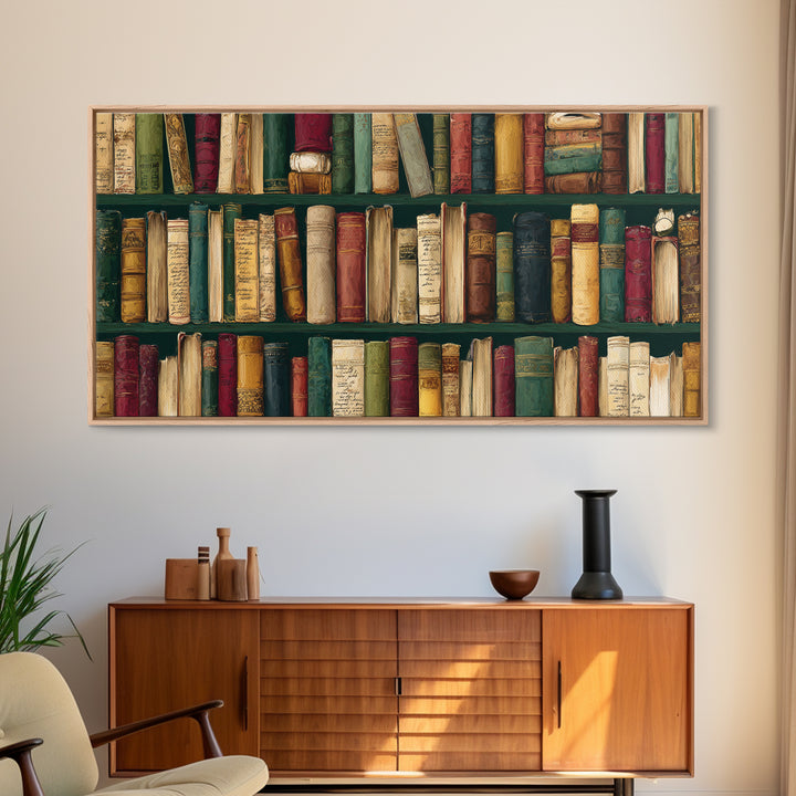 Classic Book Spine Pattern Framed Canvas Print, Bookstore Art, Vertical Wall Art, Bookstore Decor, Fine Art, Literary, BOO-2x1-88