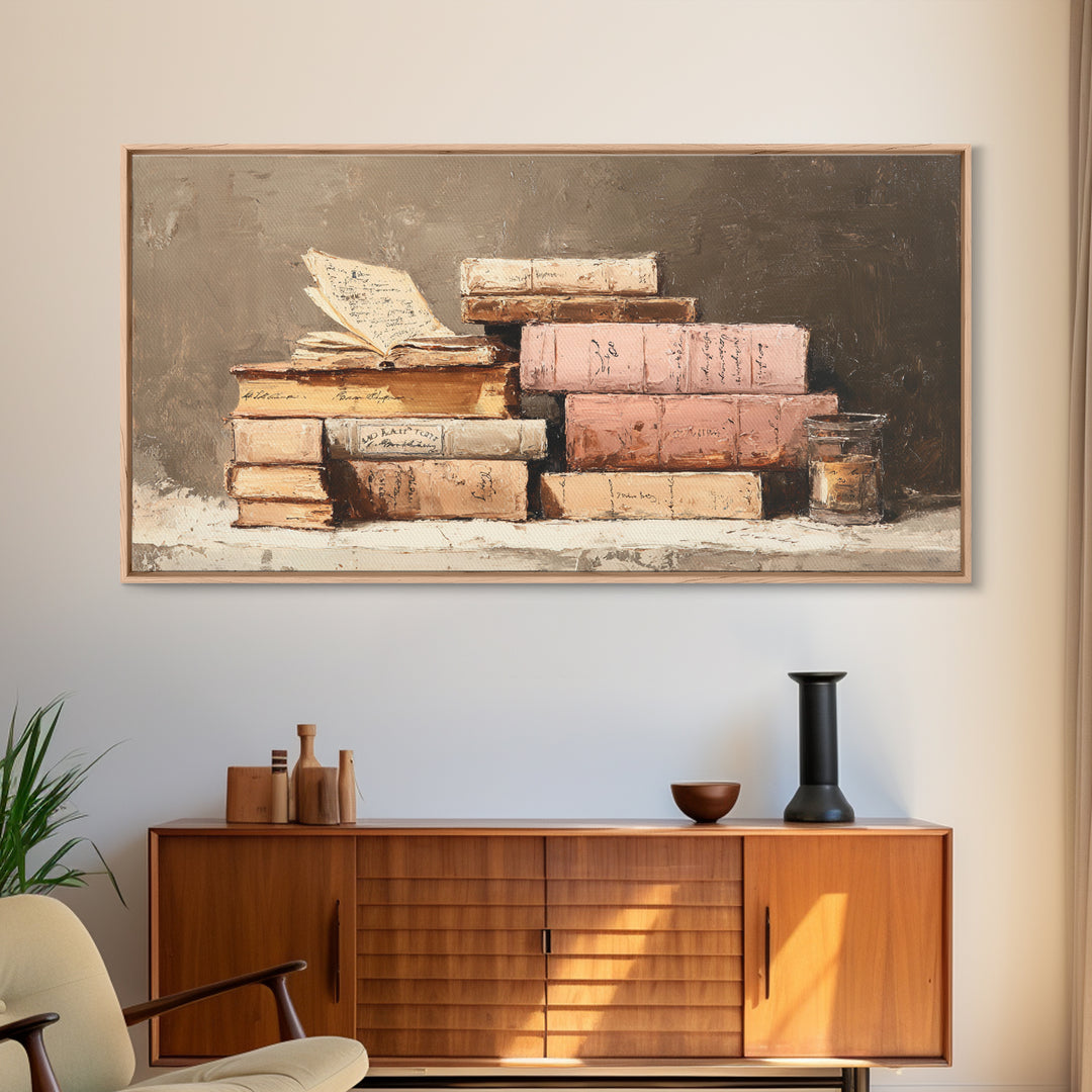 Warm Sepia Book Pile Framed Canvas Print, Bookstore Art, Book Art, Bookstore Decor, Oil Painting, Literary, Feminine Wall Art, BOO-2x1-92