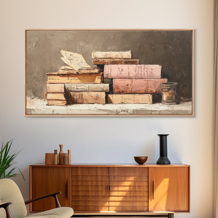 Warm Sepia Book Pile Framed Canvas Print, Bookstore Art, Book Art, Bookstore Decor, Oil Painting, Literary, Feminine Wall Art, BOO-2x1-92