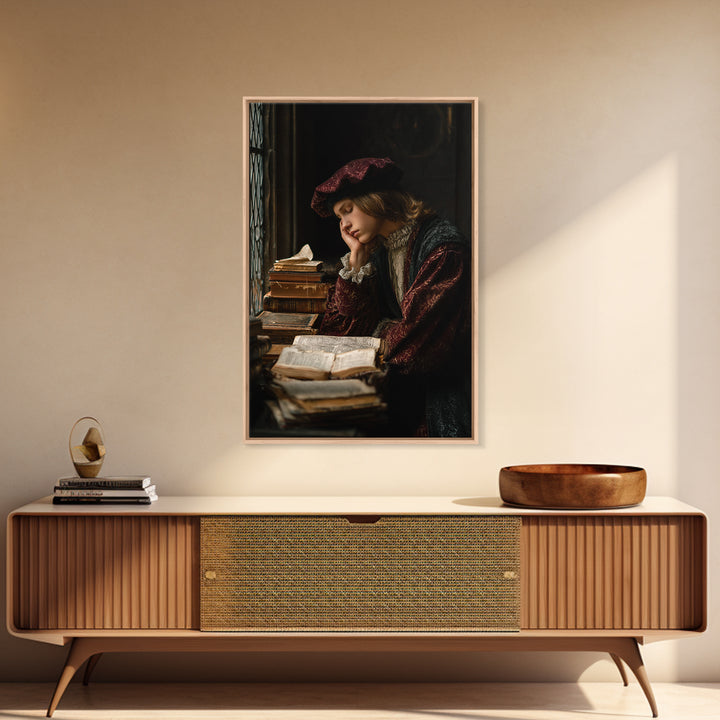 Renaissance Scholar Portrait Canvas Print, Bookstore Art, Autumn Decor, Bookstore Decor, Oil Painting, Literary, BOO-2x3-7