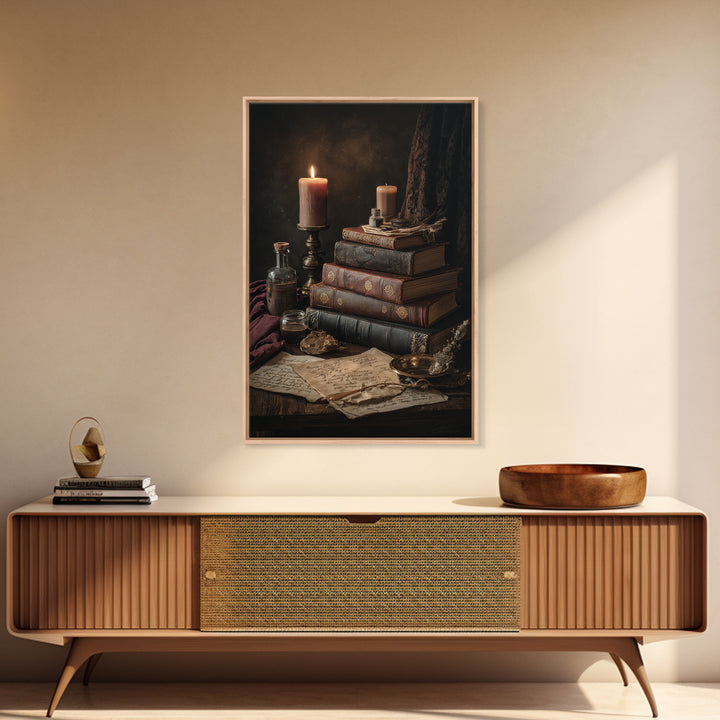 Dark Academia Candle and Book Still Life Framed Canvas Print, Bookstore Art, Pink Wall Art, Bookstore Decor, Fine Art, Literary, BOO-2x3-90